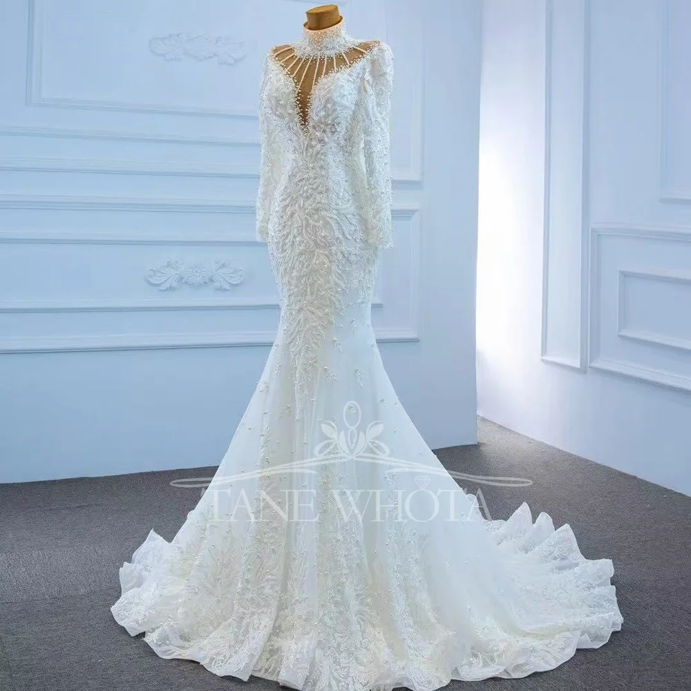 2025 Abito da sposa di lusso a maniche lunghe alte con lacci sul retro Abito da sposa ricamato con perline Abito da sposa personalizzato con strascico a sirena