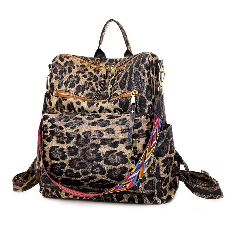 

2023 New Fashion Women Backpacks High Quality Leopard Leather Female Ladies Bag Korean Student Backpack Preppy Style Bag Luxury