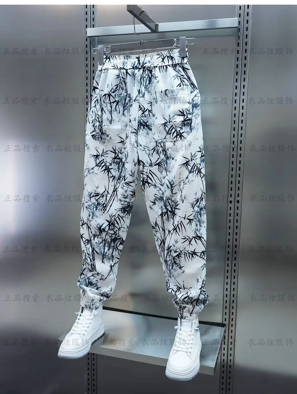 Calça Harem Respirável Masculina, Bamboo Printed Joggers, Calças de Cordão, Streetwear Casual, Verão 2024