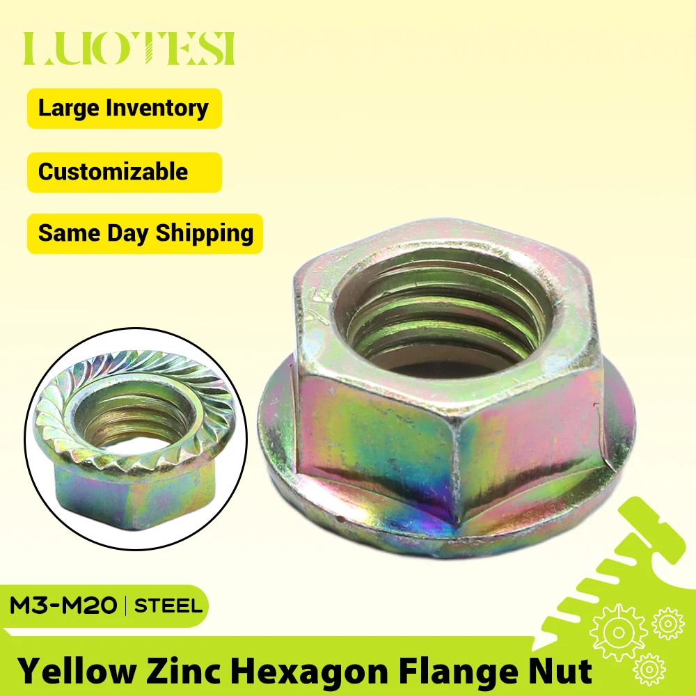 Tuercas hexagonales de brida de acero al carbono cincado, M3 M4 M5 M6 M8 M10 M12 M14 M16 M18 M20, tuercas hexagonales de brida dentadas métricas