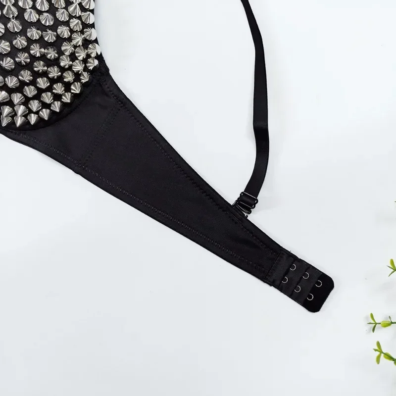 Punk Gothic Push Up Bralette – Stříbrný nýtovaný spodní díl podprsenky pro ženy, sexy styl pro noční klub a párty - náhled 5