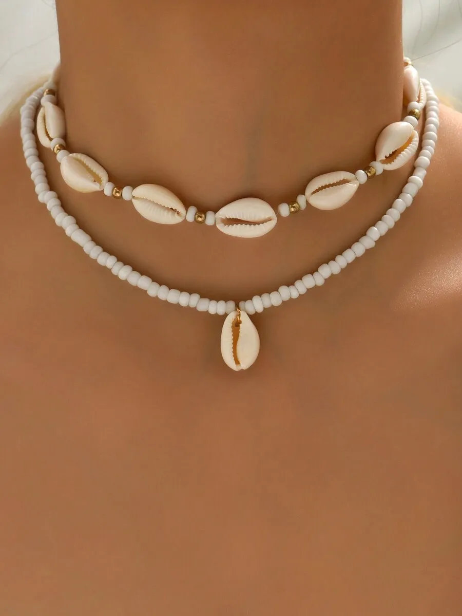 

2pcs bohemian beaded shell charm multi-layer necklace for women