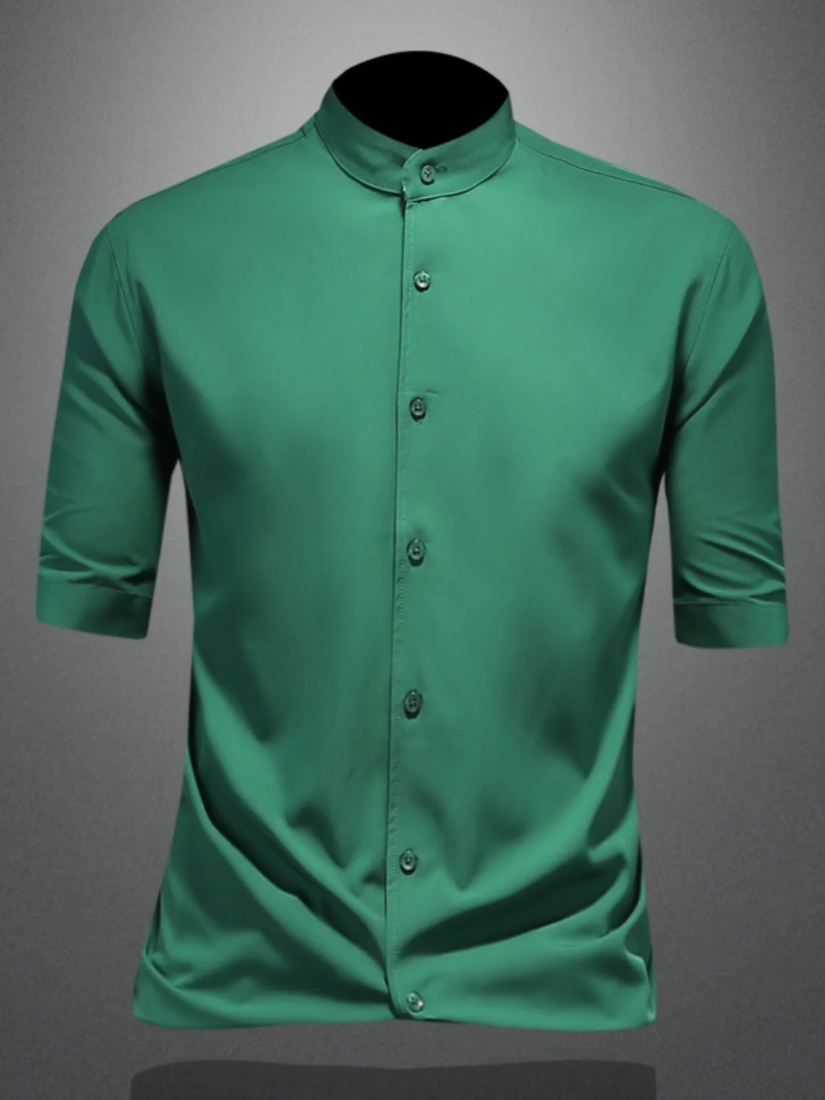 

Мужская модная рубашка из ледяного шелка с коротким рукавом, приталенного кроя, с воротником-стойкой, дышащая, летняя, новая модель, однотонная, для делового повседневного стиля