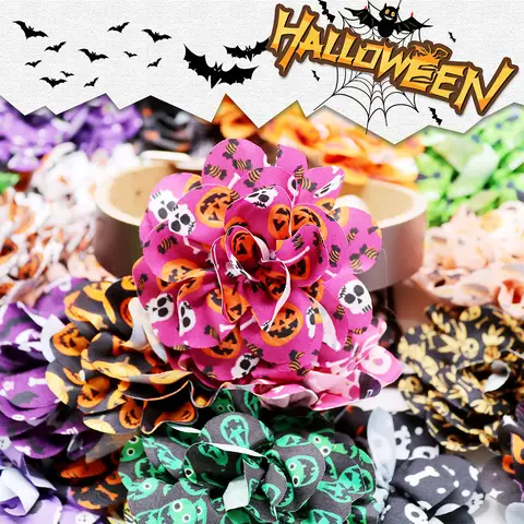 10PCS Halloween Flower Dog Collars With Elastic Bands Party Dog Bow Ties Ghost Print Fashion Pet Accessories For Dogs and Cats