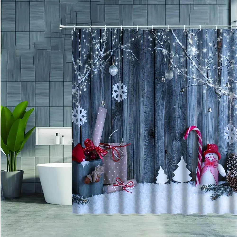 Christmas Shower Curtain Bathroom Grey Wooden Board Snowman Gifts Snowflakes Stars Decoration Decoration Accessories with Hooks