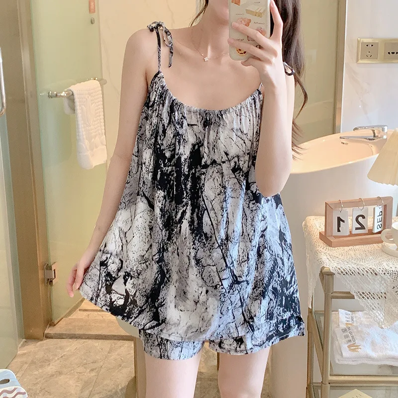 Summer Sleepwear Women Pajamas Sets Tank Tops Pants Homewear Beach Luxury High-end Sleeveless Tops Print Pants Two-piece Suit