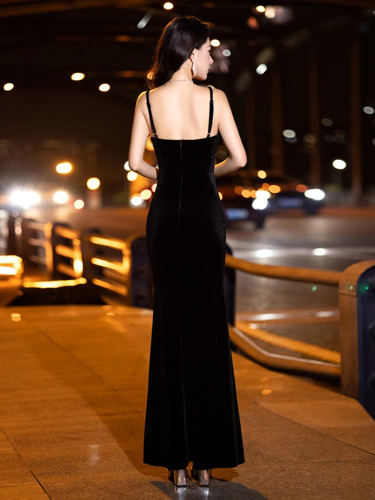 Black Suspender Evening Dress, Velvet, Luxurious, Light Luxury, Niche Host, Annual Meeting, Birthday, Fishtail Split Dress