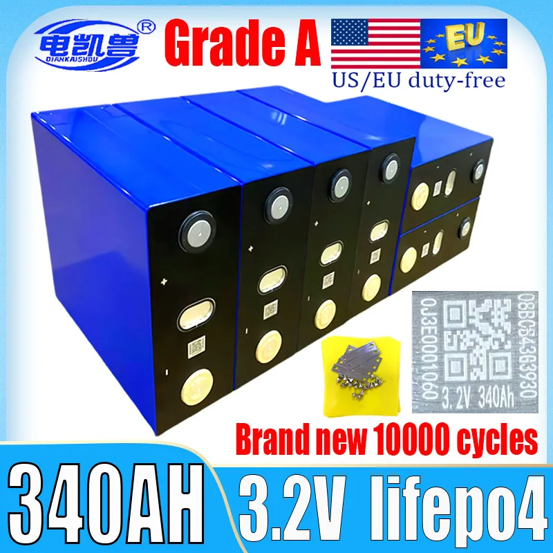 New 3.2V 340AH 320AH 280AH Lifepo4 Battery Class A 10000 Cycle DIY 12V 24V 48V RV EV Marine Solar Rechargeable Battery Duty Free