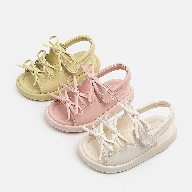 Cute Kids Sandals Sweet Bow Decor Girls Summer Beach Shoes Thick Bottom Solid Color Children's Causal School Sandals Non-slip