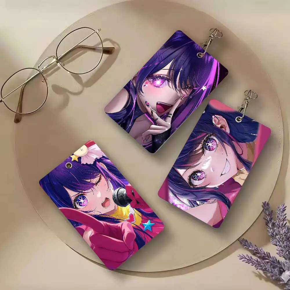 Cute Hoshinoko Ai Girl Access Card Holder PU Leather ID Badge Protector Portable Keychain Door Entry Card Cover Student Office