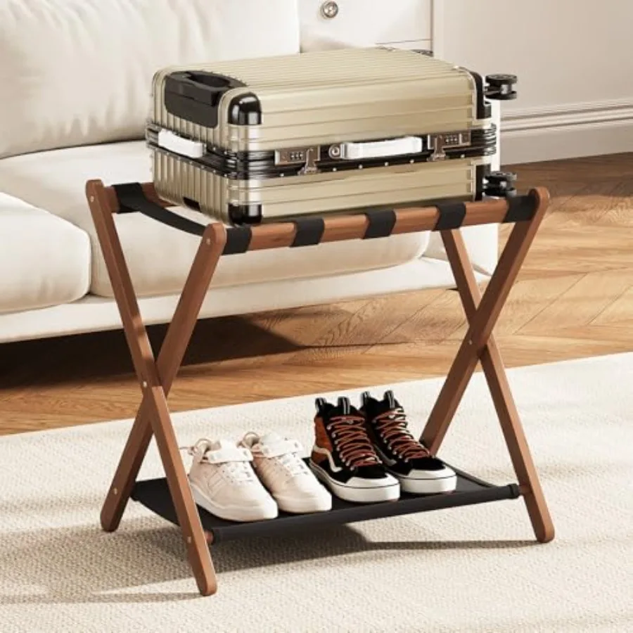 

Fully Assembled Luggage Rack Walnut Luggage Rack for Guest Room Bamboo Folding Suitcase Stand with Storage Shelf 5 Nylon Straps