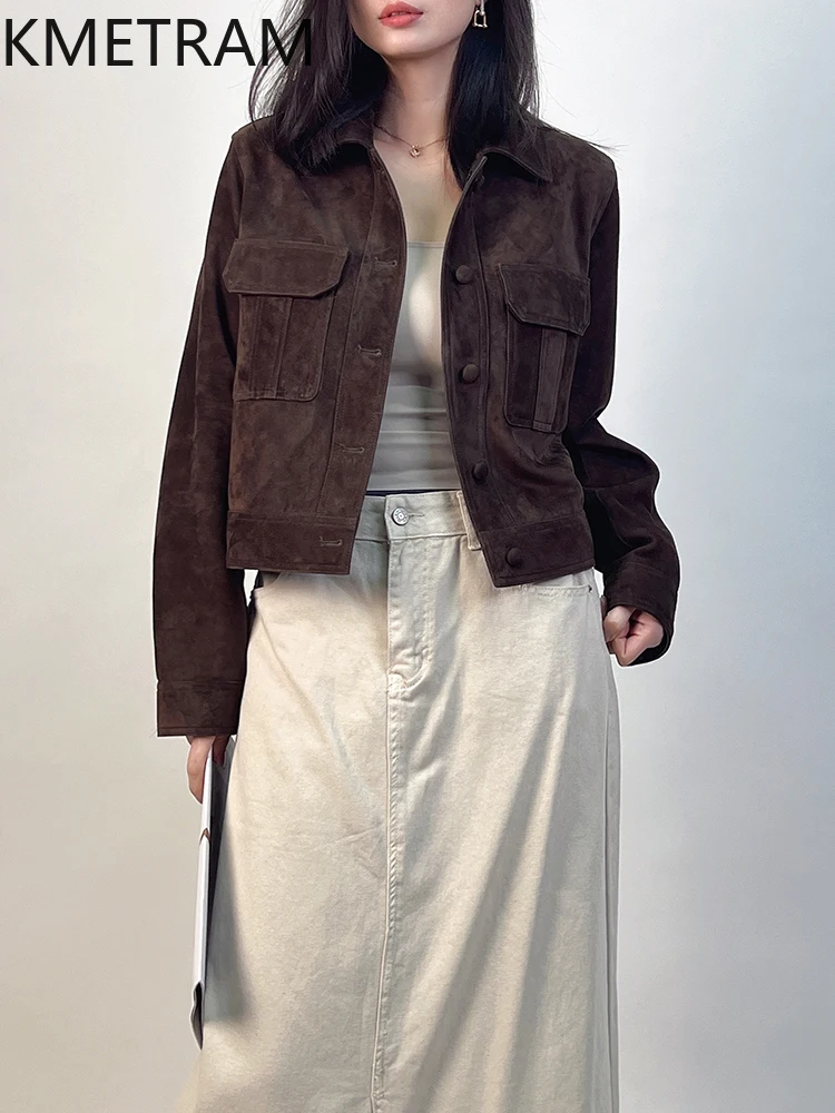 سترة من جلد الغنم بطبقة علوية لعام 100% للسيدات على طراز المال القديم سترات من الجلد الطبيعي البني ملابس الخريف 2025 للنساء vosбlaneка femenska