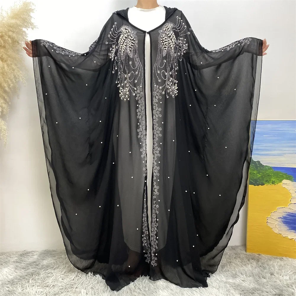 

Islamic Party Gowns Cardigan Muslim Women Beading Dress Dubai Abaya Arab Kaftan African Fashion Hooded Rhinestones Robe Dashiki