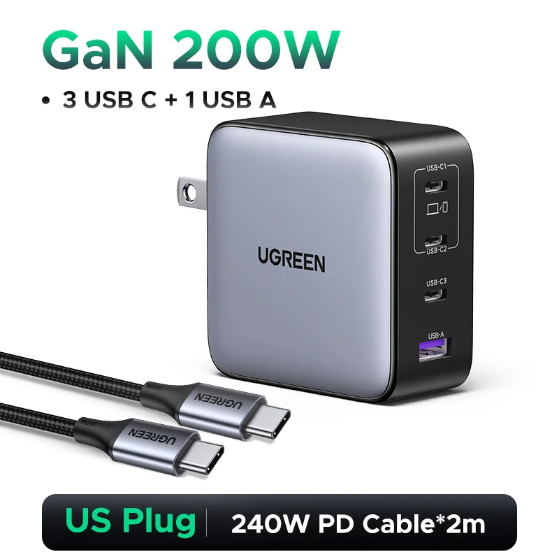 UGREEN 200W Travel GaN Charger PD 3.1 140W QC4.0 3.0 Quick Charge voor Macbook Pro Laptops iPhone 16 15 Samsung S25 Xiaomi Tablet