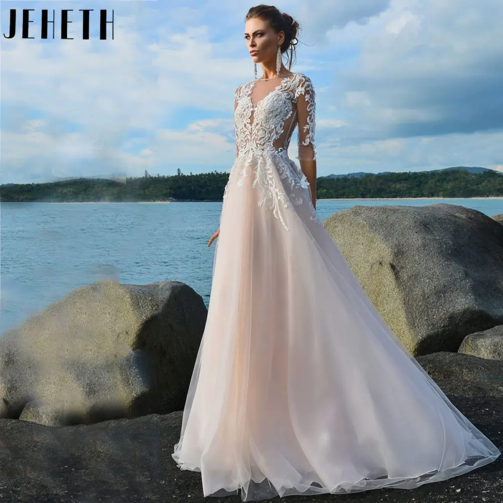 JEHETH Becah 2024 Apliques Meia Mangas Noiva Vestidos Sexy Sem Encosto V-Neck Vestidos De Casamento Botões De Volta Tulle vestidos para mujerJEHETH Becah 2024 Apliques Meia Mangas Noiva Vestidos Sexy Sem Encosto V-Neck