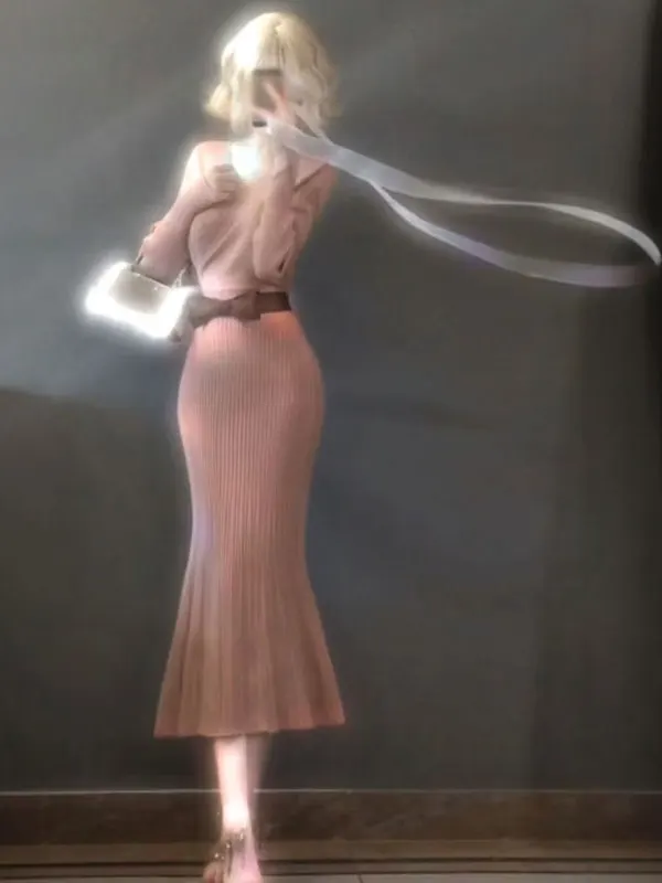 

Chic V-Ne Knitted Dr Gentle Sle Beautiful Slimming Long Skirt High Waist Cotton Fabric Busin Casual Everyday Wear