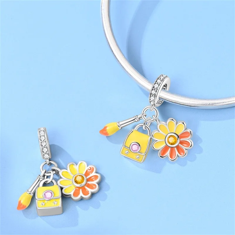 

New 925 Sterling Silver Summer Art Oil Painting Charms Beads CZ Zircon Dangle Fit Original Bracelet DIY For Women Jewelry Gifts