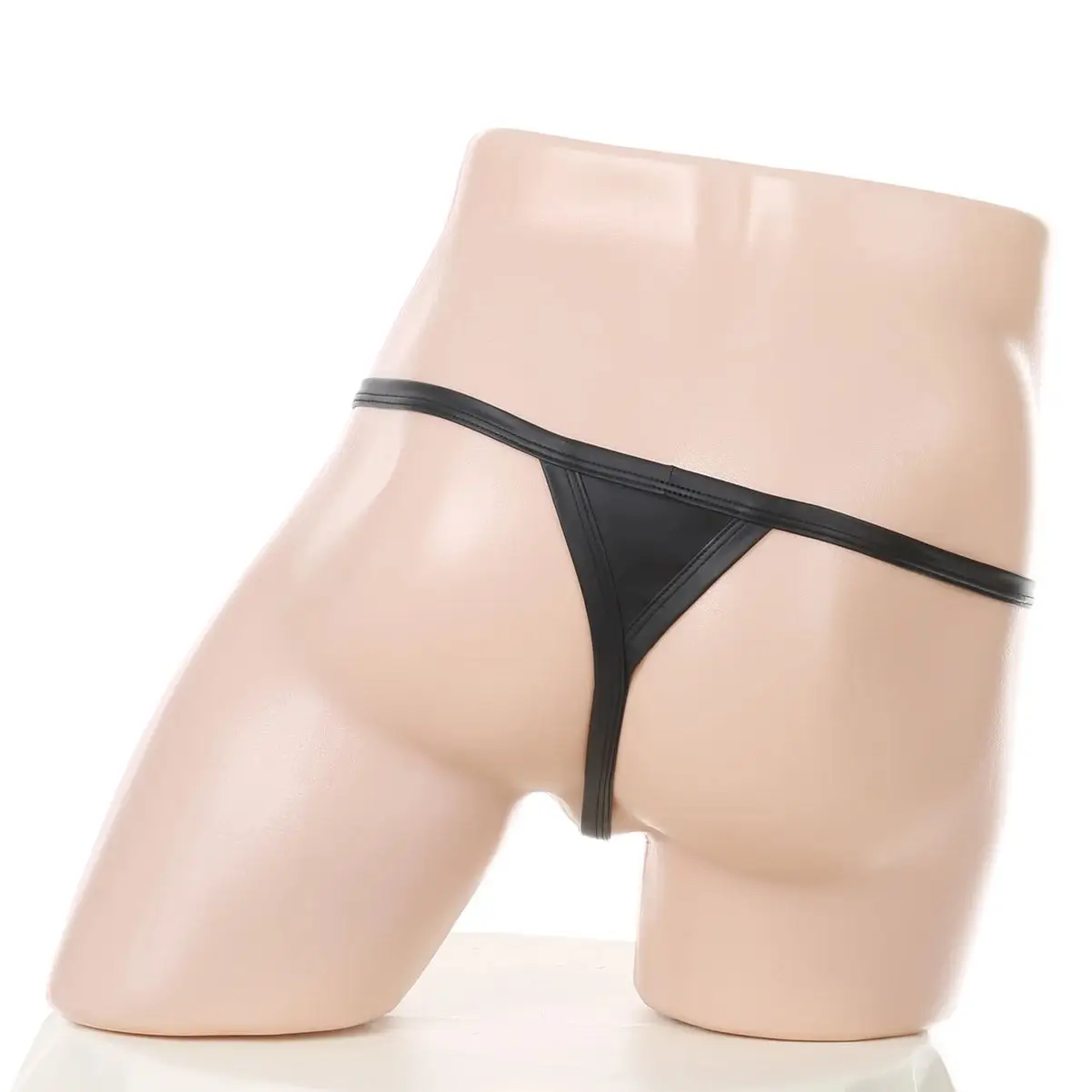 Celana Dalam Pria Model Thong Kulit Imitasi dengan Kantong Penis, Bikini String Erotis, Lingerie T-Back, Celana Dalam Hitam Seksi dan Bernapas