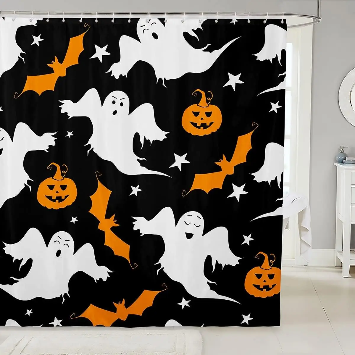 Cartoon Ghost Shower Curtain Evil Pumpkin Lantern Bats Halloween Party Bathroom Decor Kids Child Polyester Fabric Bath Curtain