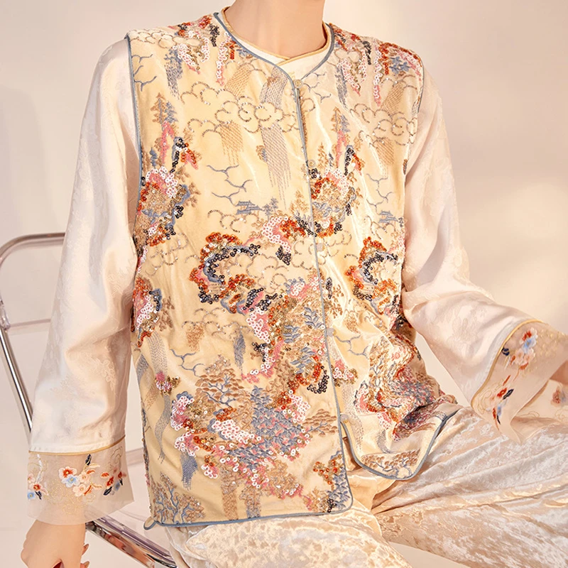 

Китайский костюм Тан: Роскошная куртка с пайетками и вышивкой, винтажный воротник-мандарин, элегантный топ для женщин, весенне-осенняя верхняя одежда