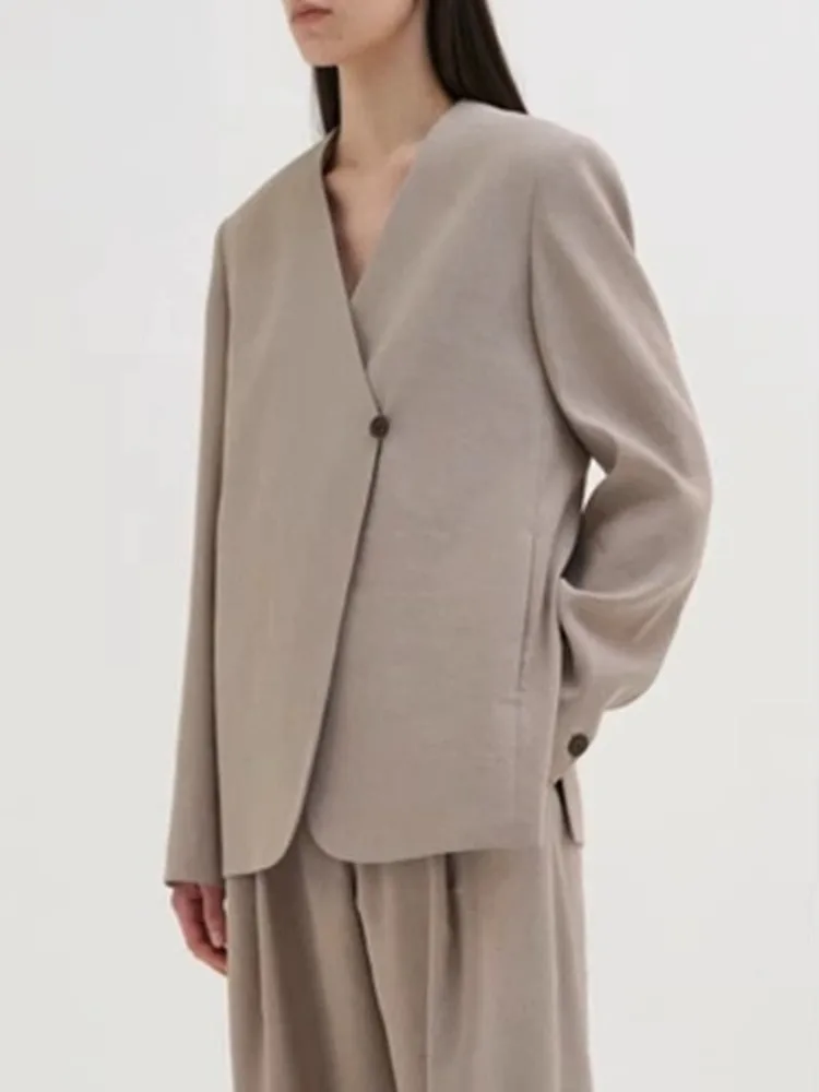 BJTZ Dames Blazer 2023 Lente Zomer Nieuwe Koreaanse Editie Casual Losse Kantoor Dame V-hals Een Knop Effen Kleur Jas