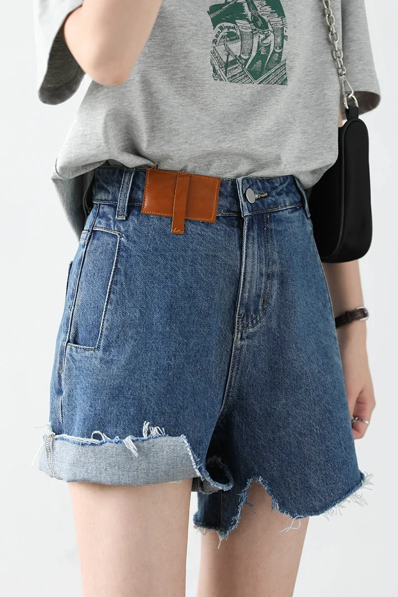 CHIC VEN  Women Denim Shorts Retro Irregularly Cut Blue High-waisted Short Jeans for Woman Streetwear Pants Ladies Summer 2024