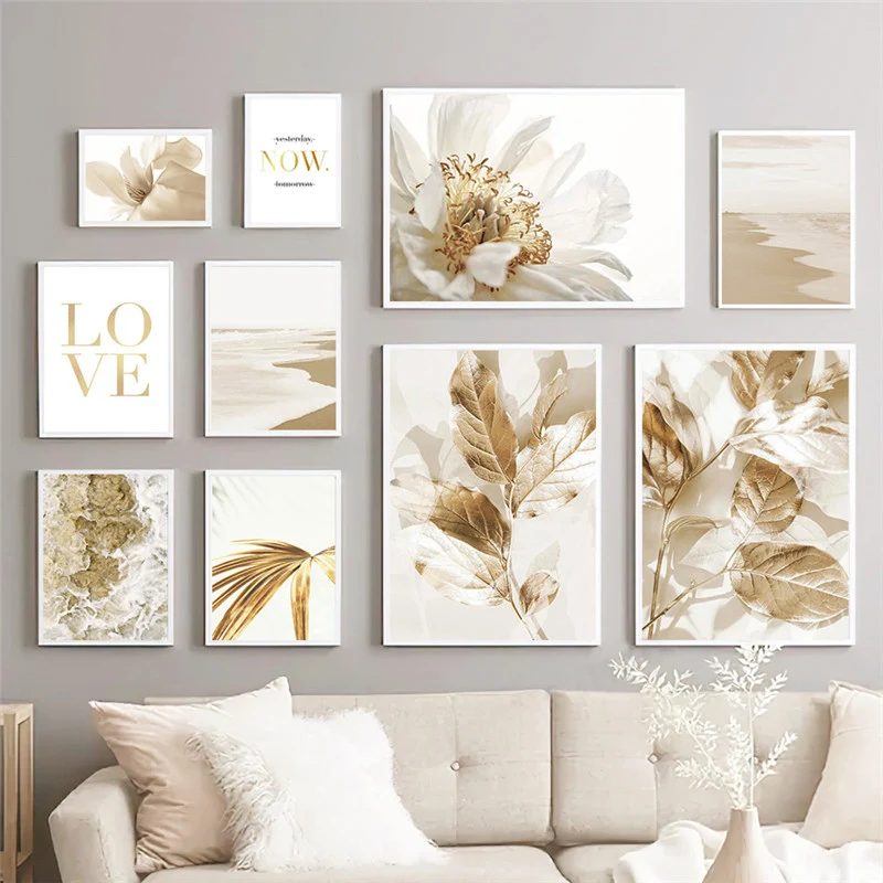 Nordic Modern Art Picture Canvas Painting Wall Art Golden Leaf Beach Scenery Poster and Print for Home Decor Living Room Design