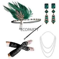 Ecoparty 1920s Flapper Gatsby Costume Accessories Set 20s Flapper Headband Vintage Pearl Necklace Gloves Earring Cigarette Rod