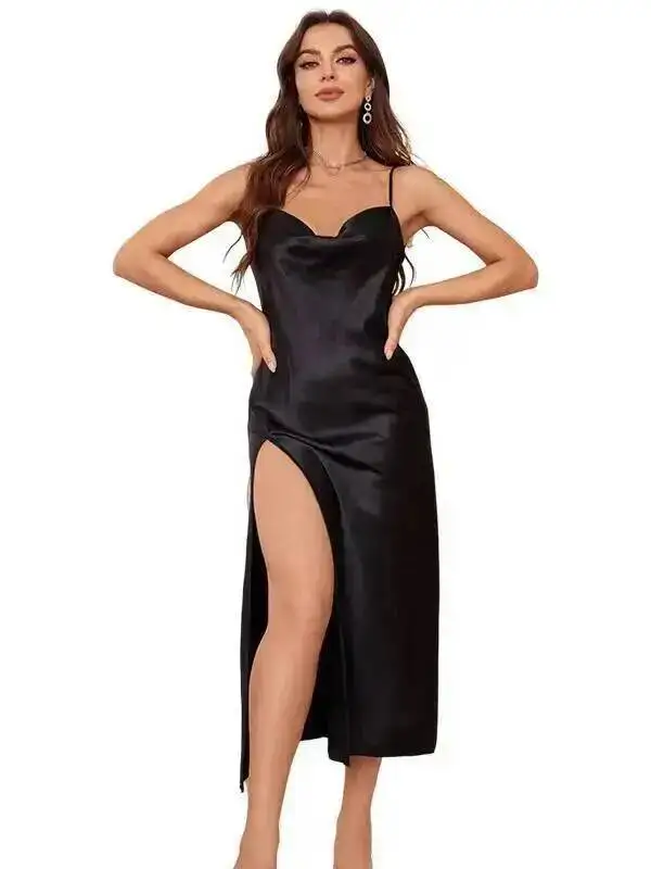

Strap Dress Thin Silk Sexy Nightdress For Women High Solid Color Backless Deep V Sleeveless Long Dress Pure Desire Charming 6UU7