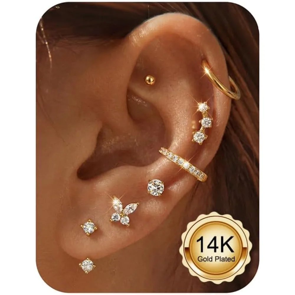 

Drperfect Stud Hoop Earrings for Women 14K Gold Plated Surgical Stainless Steel Earrings Stack Set for Multiple Piercing Jewelry