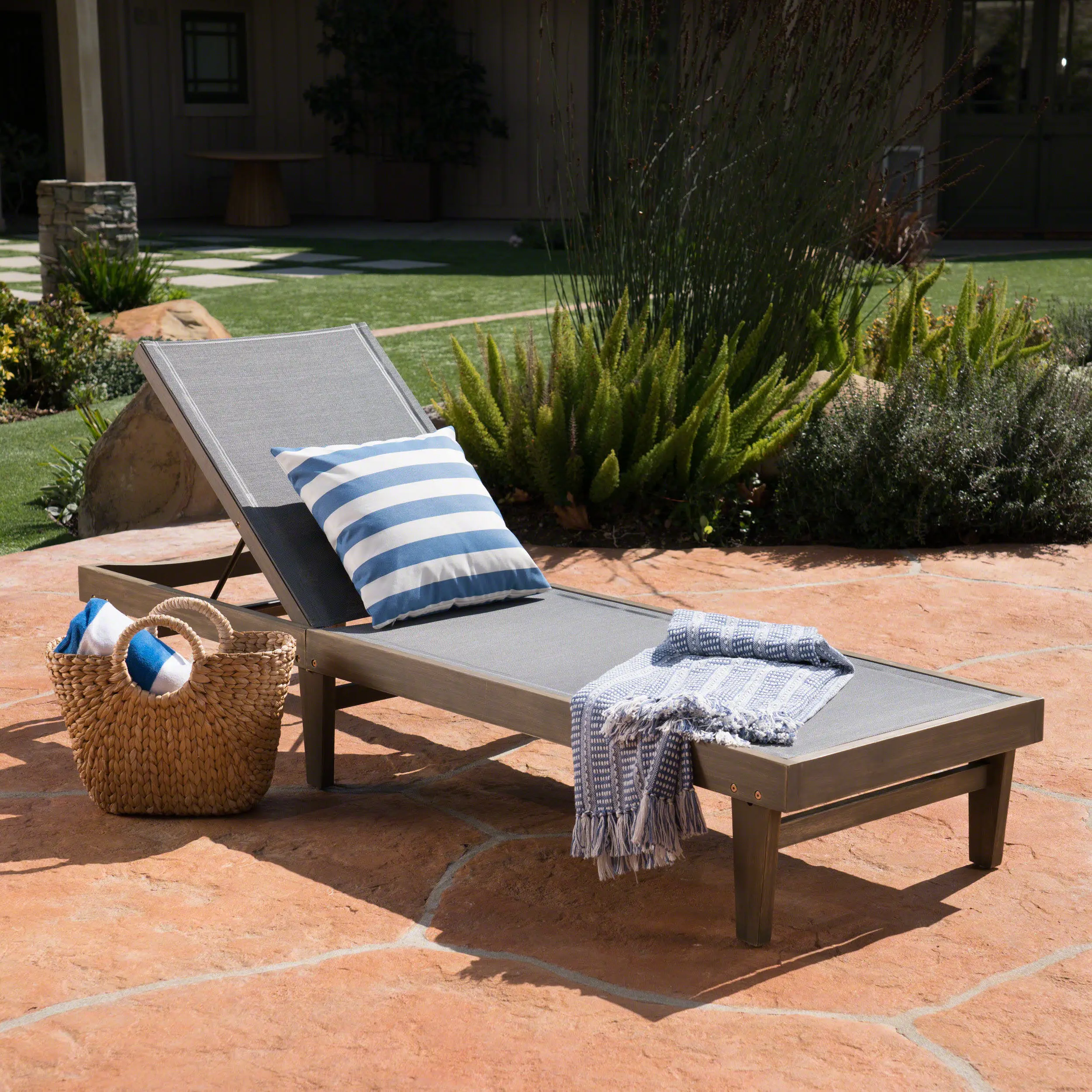 # Modern Dark Grey Acacia Wood Chaise Lounge With Tilting Feature-Portable Outdoor Garden Chair
