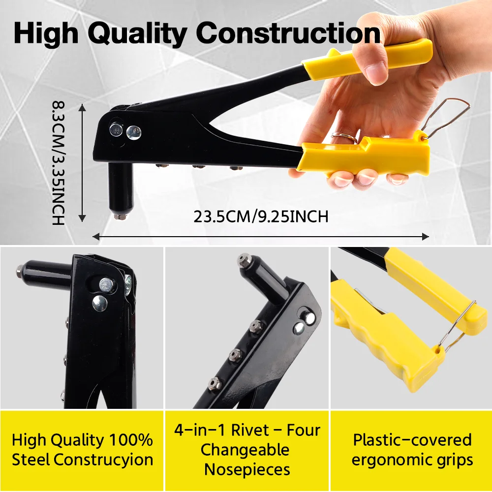 Rebitadeira manual profissional, com 4 cabeças de rebite, rebitadeira cega para uso doméstico, ferramenta de rebitagem rápida, adequada para rebites de 2,4 mm, 3,2 mm, 4,0 mm e 4,8 mm.