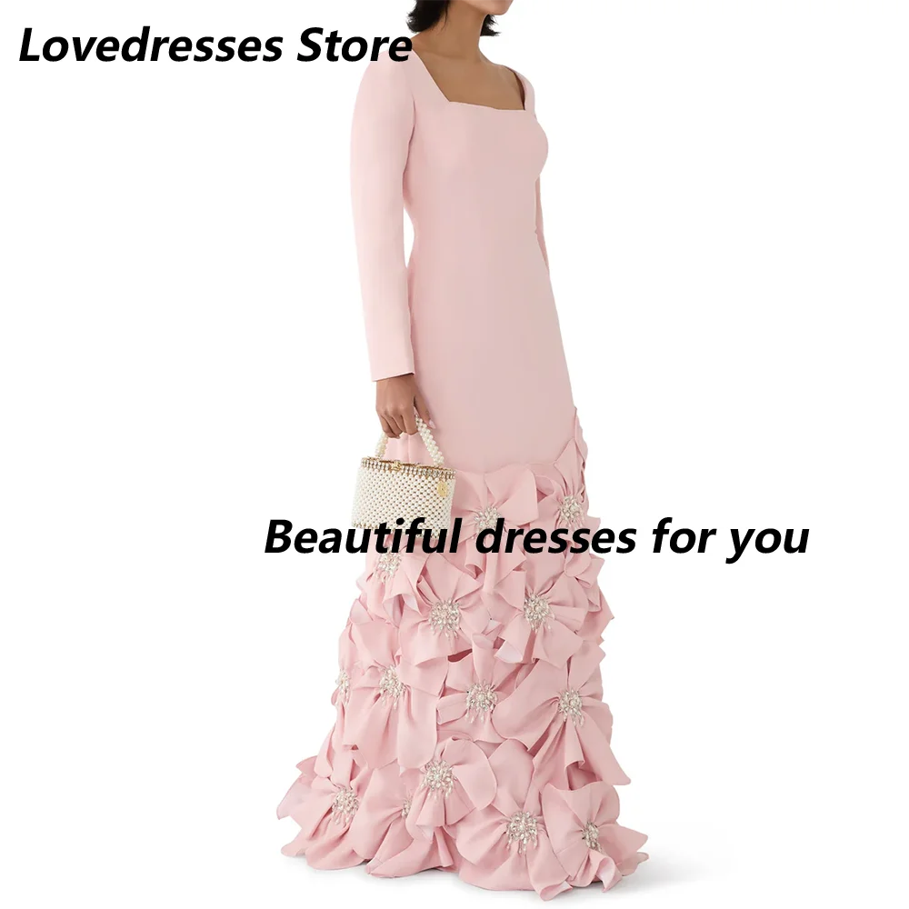 فستان سهرة وردي مخصص برقبة مربعة وأكمام طويلة لؤلؤ زهور خط فساتين حفلات عصرية فساتين الحفلات 2025