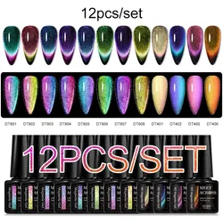 MEET ACROSS 12Pcs/Set 9D Cat Magnetic Gel Nail Polish 3 Colors Rainbow Magnetic Semi Permanent UV Gel Nail Art Manicure Kit