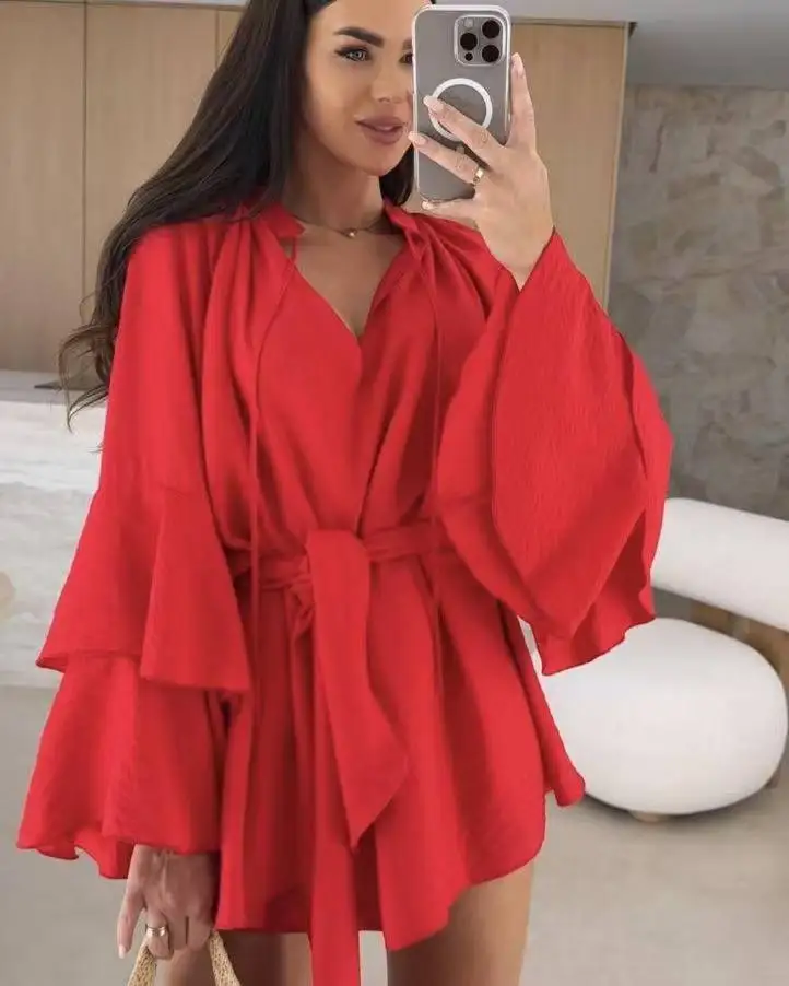 Casual Loose Flared Sleeves Dresses For Women 2025 Fashion Deep V-neck Pure Color Mini Dress Spring Summer Lace Up Robe Femme - Image 4