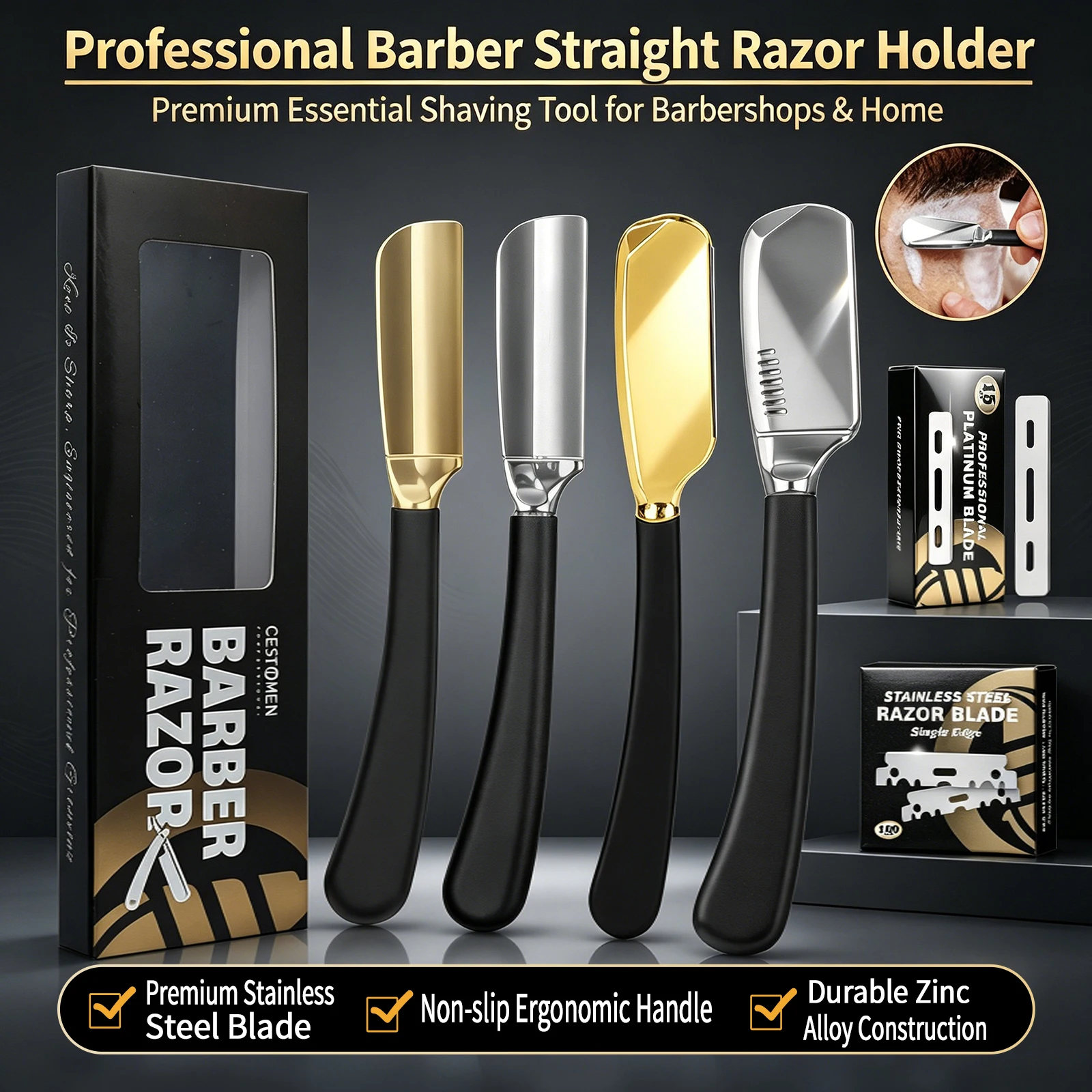 1Pc Pro Baber Beard Straight Edge Shaving Razor Men Hair Removal Tools Zinc Alloy Safety Stainless Steel Shaver Knife Holder