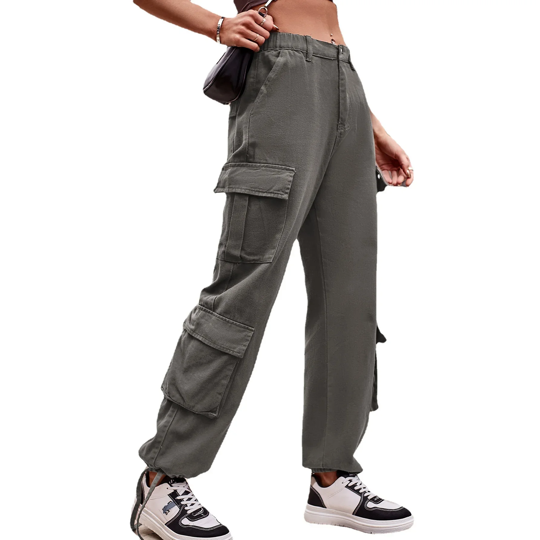 

Jeans Women Cargo Pants Autumn Streetwear Denims Multiple Pockets Mid Waist Drawstring Straight Ankle Length Trousers