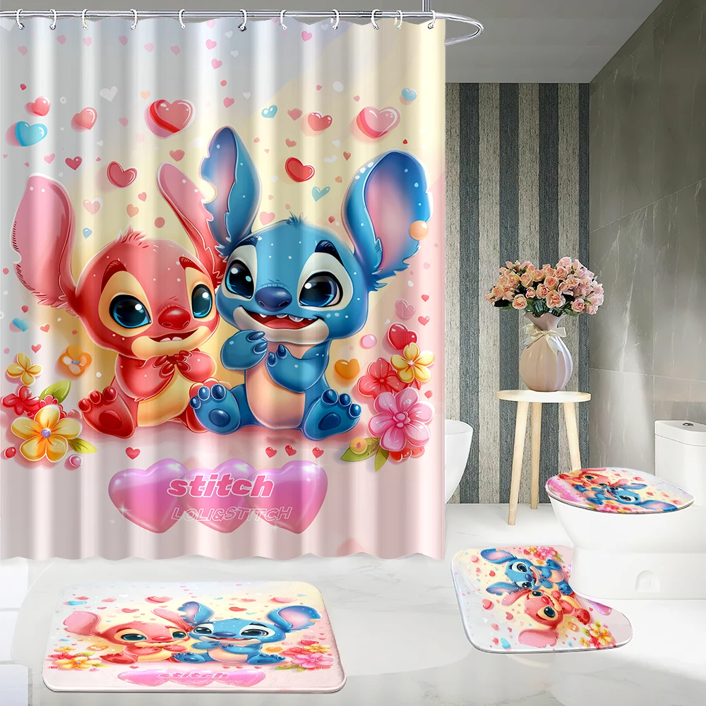 1/4Pcs 70*70inch Stitch Cartoon HD Print Waterproof Shower Curtain Set with Non-Slip Rugs,Toilet Lid Cover,Bath Mat ,12 Hooks