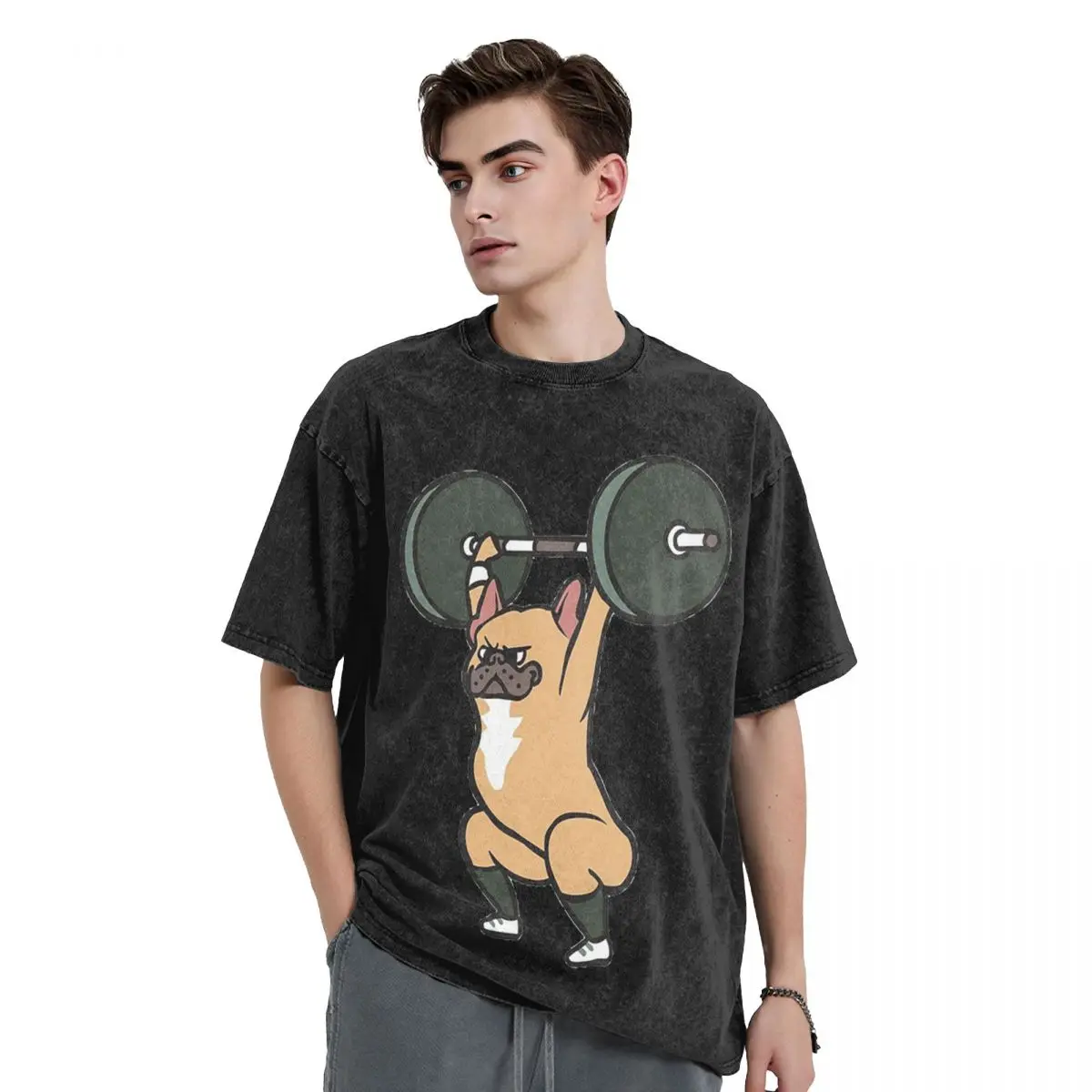 The Snatch Weightlifting French Bulldog Washed T Shirts Printed Short Sleeve Hip Hop T-Shirt Streetwear Tops Tees for Men Women