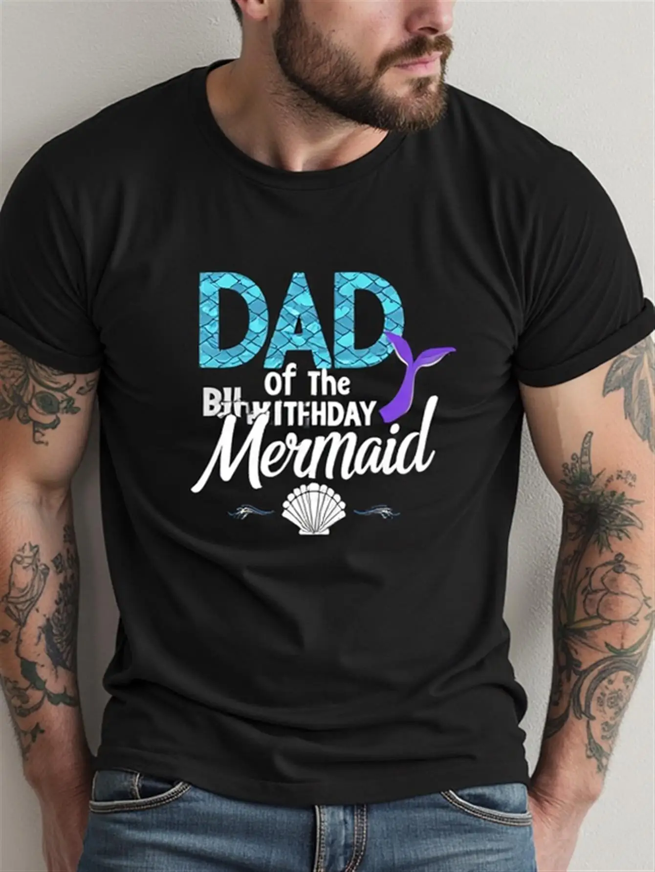 

Black T-Shirt with Blue Mermaid Tail and Shell Print, Soft Stretchy Knit Fabric, Regular Shoulder, Round Neck, Short Sleeve Design, Suitable for Themed Parties, Birthdays and Casual Wear — Ideal Father's Day Gift, Summer Casual Outfit, Playful