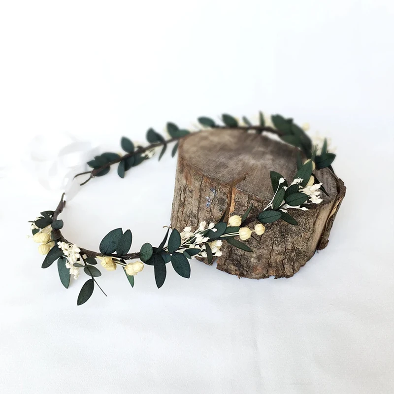 

Handmade Eucalyptus Baby's Breath Bride Crown Woodland wedding Gypsophila Dried Flower Crown Bridesmaid Flower Girl Decoration