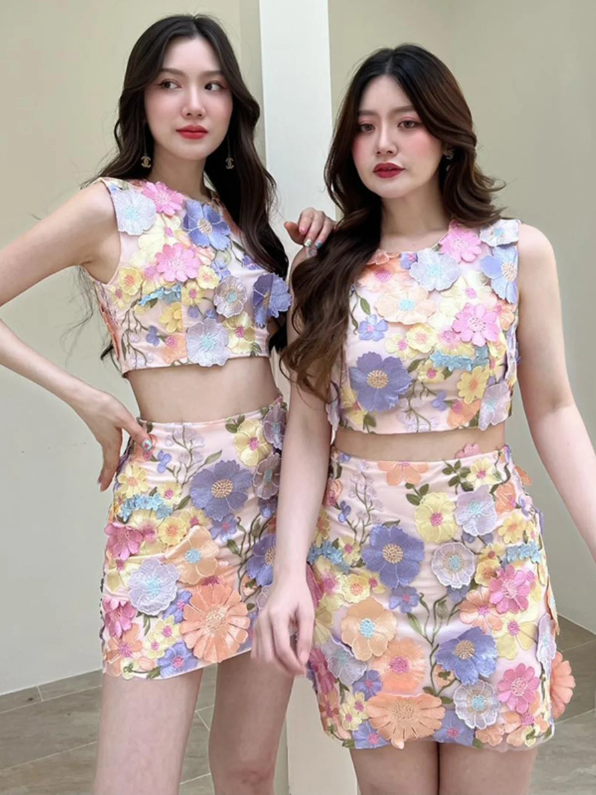 Summer Vaion Sle Embroidered Flower round Ne Svel High Waist Wrap Body f Skirt Two Piece Set