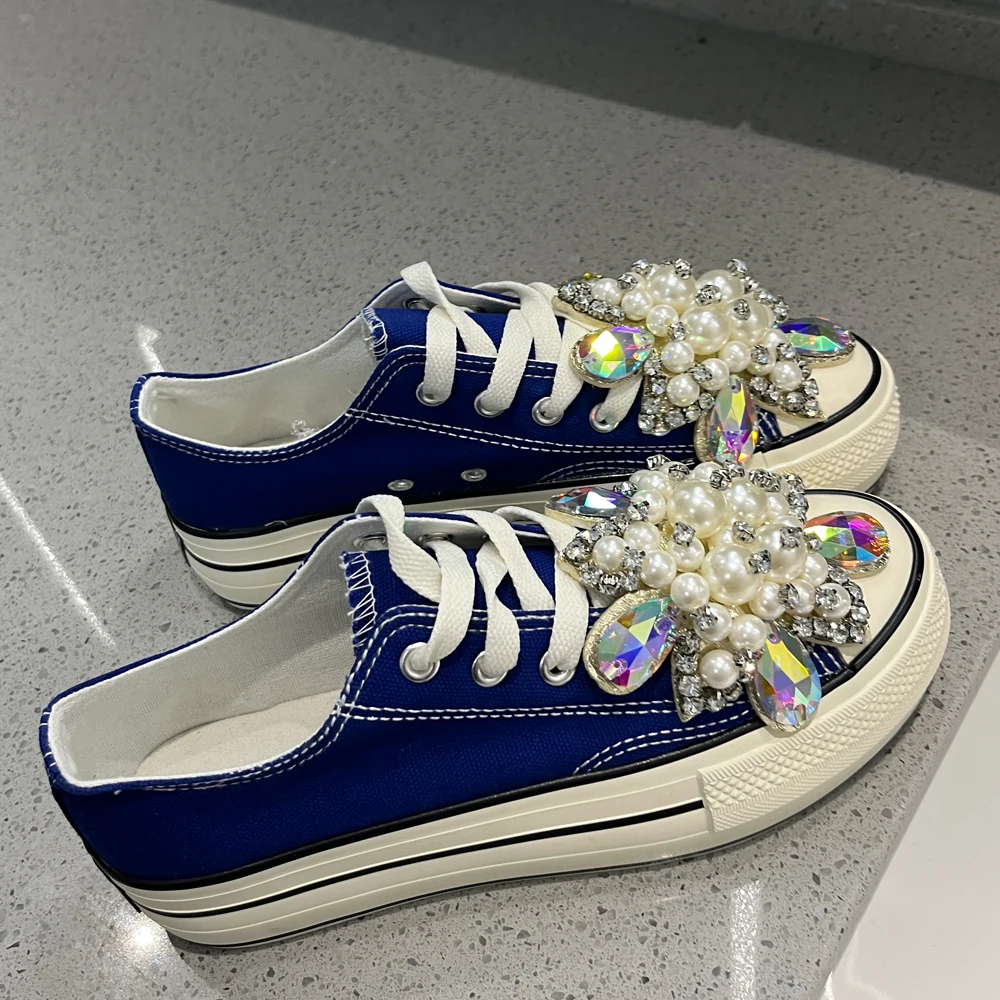 4cm Platform Women Canvas Shoes Big Crystal Flowers