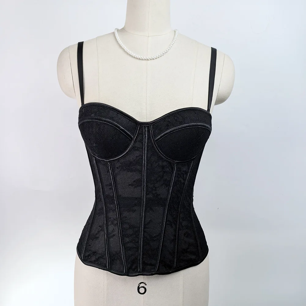 Vintage Floral Lace Corset Bustier Adjustable Thin Spaghetti Straps Sweetheart Neck See Through Mesh Waist Trainer Body Corset
