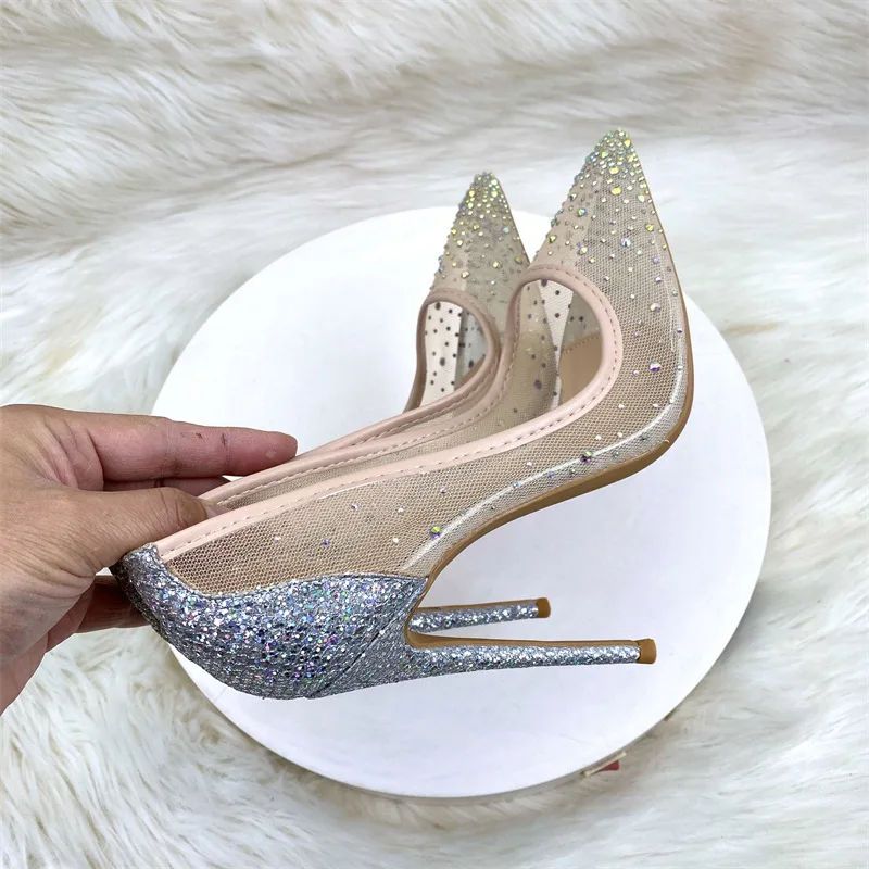 

Silver Sequins Back Rhinestone Drilled Mesh Patchwork Pumps 8 10 12 cm Stiletto Heel Pointed Toe Crystal Banquet Woman Shoes