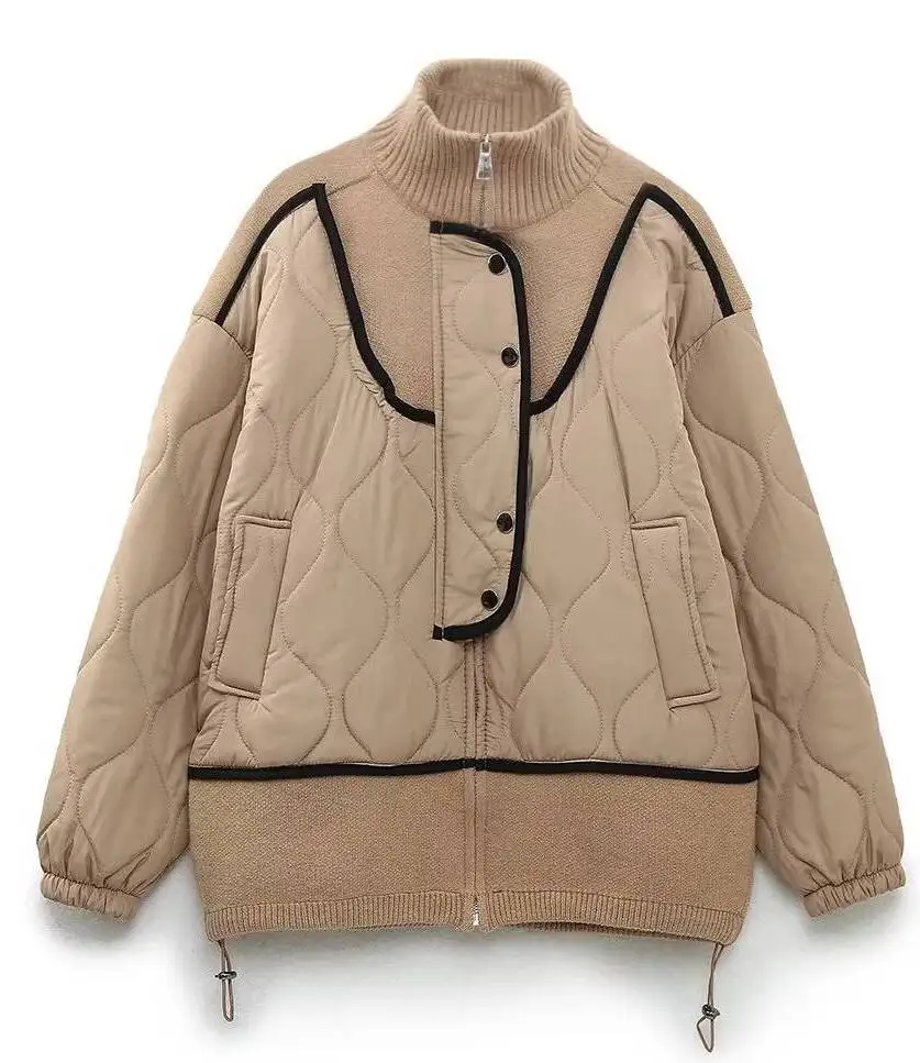 Parkas Womens Korean Fall Corduroy Fleece-Lined Double-Layer Patchwork Lining Stand-Collar Plaid Buttonless Lace-Up Pleated Midi