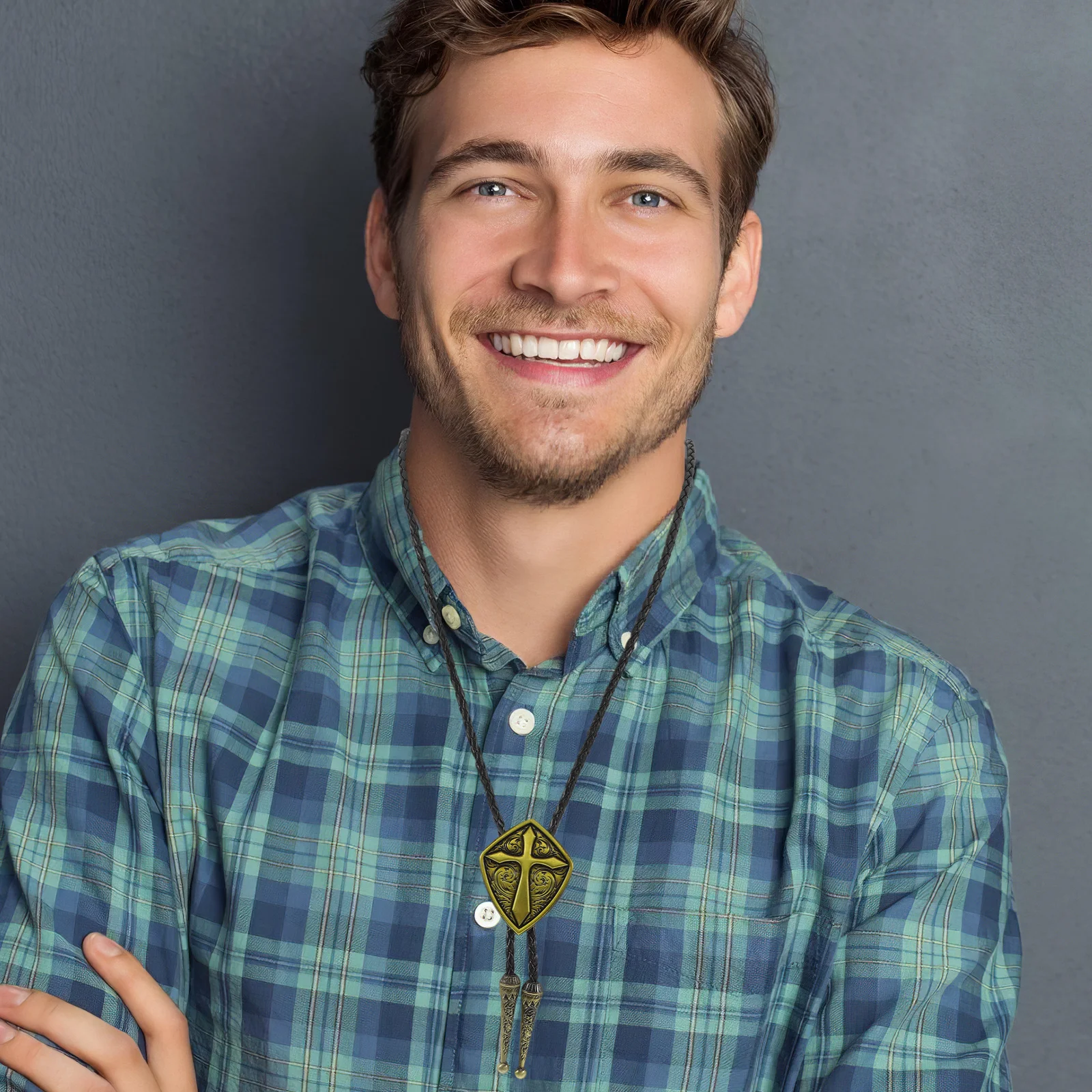 

1pc Adjustable Cross Bolo Tie Western Vintage Necktie For Men Wedding Party Cowboy Style Braided Pendant Rustic Necklace