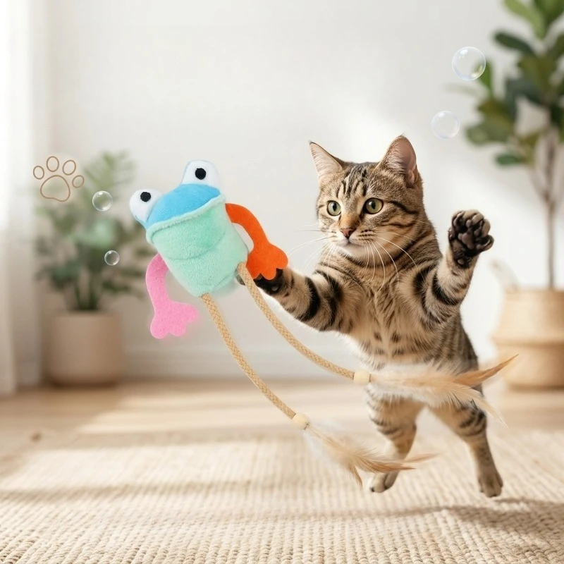 Cat Toy Chew-resistant Knot Feather Squeaky Plush Frog Kitten Toy Interactive Teasing Amuse Oneself Cat Toy Supplies
