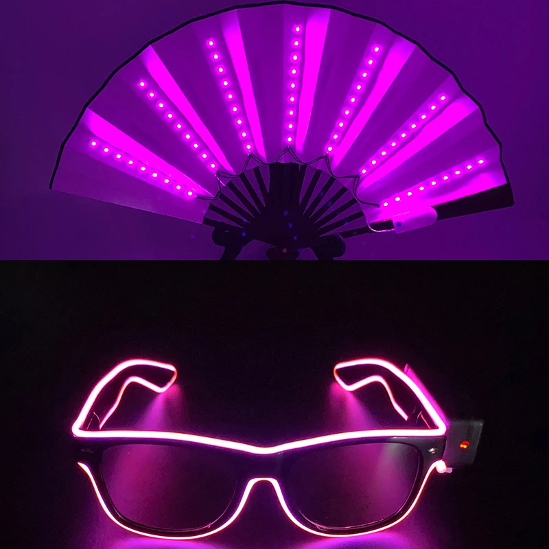 Cool Bright Fan And Wireless Glasses Disco Night Bar Party Glow Supplies Luminous LED Hand Fan Light Glasses For Men Women Decor