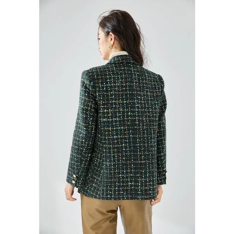 Commuting Suit Blazers Women Autumn Floral Gauze Bright Silk Dark Green Jackets Tops Viscose Loose Lattice Tailored Coat Lady